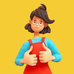 portrait of kawaii asian casual brunette girl in glasses wearing red apron, blue t-shirt showing thumb up, positive hand gesture, good job, respect. minimal stylized art. 3d render on yellow backdrop