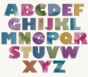 halftone dots bold font, color pixels print texture letters, vector alphabet.