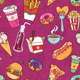 vector seamless pattern of fast food. can be used for textile, packaging paper, wallpaper, pattern fills, web page background,surface textures. gorgeous seamless wave background.