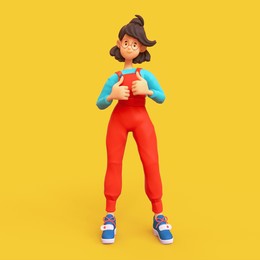 cheerful mood of kawaii casual brunette girl in glasses wearing red apron, blue t-shirt showing thumb up, positive hand gesture, good job, respect. minimal stylized art. 3d render on yellow backdrop