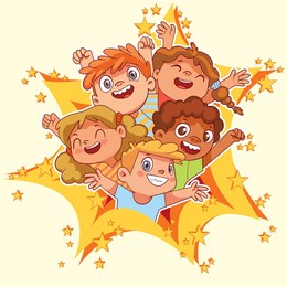 children tearing up the space in comic book style. kids look through a torn paper hole. funny cartoon character. vector illustration. isolated on white background