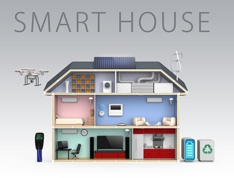 smart house with energy efficient appliances, solar panel and wind power generator.(with text)