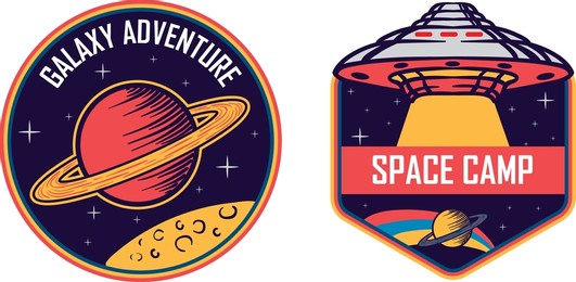 set of isolated astronaut chevron or spaceman suit patches. icons for cosmos or universe exploration, planet colonization with satellite and rocket, planet rover. space and shuttle