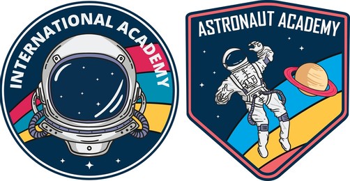 set of isolated cosmos or universe concept chevron or astronaut patch, galaxy explorer stripe or cosmonaut retro badge. logo with shuttle and rocket, satellite and solar system. mars exploration theme
