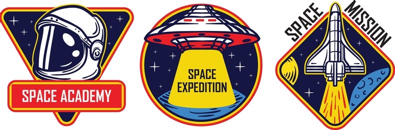 space patches, galaxy exploration and astronaut mission vector badges and spaceship emblems. vintage t shirt print design, space forces rocket, mars and moon expedition shuttle