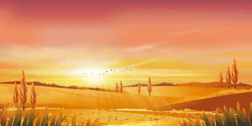 autumn rural landscape in evening light with sunset, yellow,pink,orange sky background,vector cartoon fall season at countryside with forest tree and grass field with sunrise,backdrop natural banner 
