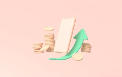 smartphone and coin stacks on pink background, upward pointing arrow, business investment profit, money saving concept. 3d rendering.