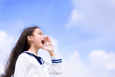 teenager student girl shouting and announcing something