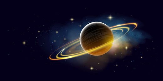 vector beautiful space horizontal illustration of yellow planet with ring, blue nebula and star light on dark color sky background