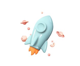 flying space rocket in space around the planets. spaceship launch. rocket 3d icon. realistic creative conceptual symbols. logo ship. launch business product on market. vector illustration