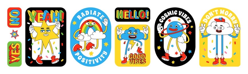 funny cartoon characters. sticker pack, posters, prints. vector illustration of star, rainbow, clouds, planet and words. set of comic elements in trendy retro cartoon style.