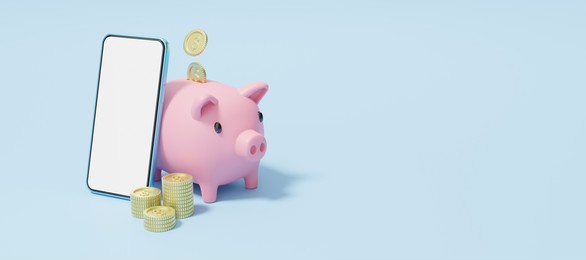 gold coin falling into pink piggy bank. phone with stacks coins. mobile banking and online payment service. save dollar in pig money box. saving money wealth and business financial concept. 3d render.