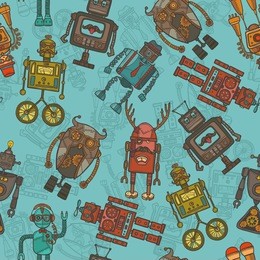 hipster robot retro humanoid avatar colored seamless pattern  illustration