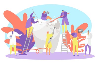 tooth care by dentist, vector illustration, dentistry treatment with flat tiny doctor man woman character in dental clinic concept.