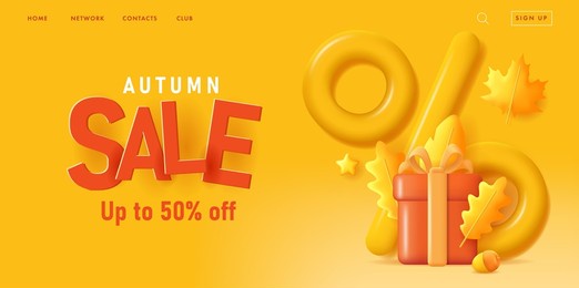 autumn sale web banner with 3d render illustration of gift box and autumn leaves with mono chrome big percent sign with typography