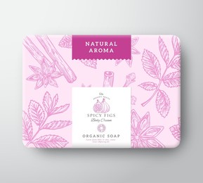 spicy figs fruit soap cardboard box. abstract vector wrapped paper container with label cover. packaging design. modern typography and hand drawn spices background pattern layout. isolated.
