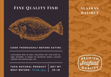 premium quality alaskan halibut abstract vector packaging design or label. modern typography and hand drawn sketch fish pattern background seafood layout.