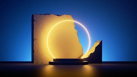 3d render, abstract minimal yellow blue neon background with glowing round frame and cobblestone ruins. showcase scene with podium for product presentation