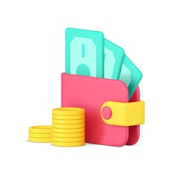 pink wallet with banknotes and yellow coins 3d icon. lucky investment and great commercial profit. business rich payment in cash with loans. realistic isolated vector illustration.
