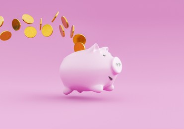 piggy bank jumping and dropping coins in the air. concept of savings, economy, expenses and investment. 3d rendering