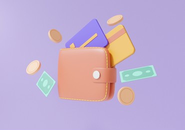 minimal money wallet floating. cashback concept. banknote coins, debit ,credit card finance saving online payment investment on isolated purple background, 3d render illustration