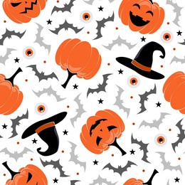 halloween white seamless pattern print. pumpkins, bats, eyeballs and witch hats on background
