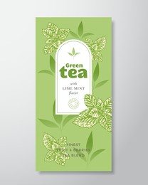 fruit and berries tea label template. abstract vector packaging design layout with realistic shadows. hand drawn mint leaves and leaves decor silhouettes background. isolated.