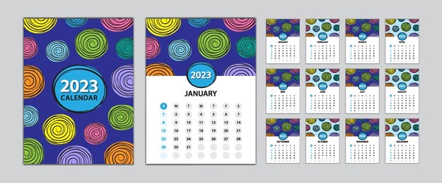 desk calendar 2023 template set, calendar design vector illustration, set, wall calendar 2023 design, poster, blue cover design, set of 12 months, week start sunday, advertisement, printing media