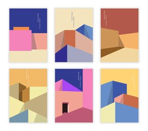 abstract architectural posters. set of colorful templates with geometric shapes, shadow and inscription. design elements for wall decoration. cartoon isometric vector set isolated on white background