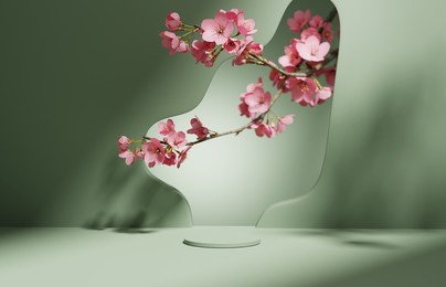 3d background, green podium. round display, sakura pink flower tree branch shadow. cosmetic or beauty product promotion step floral pedestal. abstract minimal advertise. 3d render copy space template.