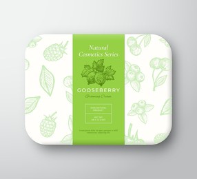 gooseberry bath cosmetics package box. abstract vector wrapped paper container with label cover. packaging design. modern typography and hand drawn berries background pattern layout. isolated.