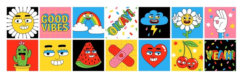 funny cartoon characters. sticker pack, square posters, prints. vector illustration of flower, heart, berries, fruits, rainbow, clouds and words. set of comic elements in trendy retro cartoon style.