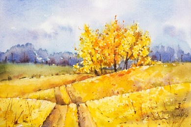 watercolor autumn landscape. hand painted botanical illustration. autumn background with yellow fields and bright trees, road. watercolor nature. natural background with meadows, forests