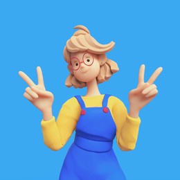 portrait of smiling positive casual blonde girl in red glasses wearing blue apron, yellow t-shirt shows fingers doing peace sign, victory symbol, number two, successful person. 3d render minimal style