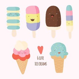 set of cute hand drawn ice creams. ice creams cartoon characters. fun happy doodles for kids.