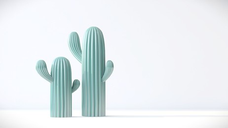 3d render of a set of modern ceramic cactus in beautiful blue green color on white space. objects, abstract, decration, item, concept, porcelain, shiny, turquoise, mint, togetherness, couple.