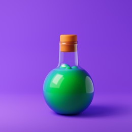 bottle with green potion isolated over purple background. halloween concept. 3d rendering.