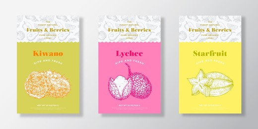 fruits and berries pattern label templates set. vector packaging design layout collection. modern typography banner with hand drawn kiwano, lychee and starfruit sketches background. isolated.