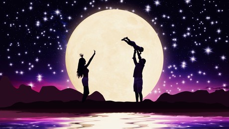 family silhouette.family concept.family standing on hill with the moon.celebrate mid-autumn festival.
