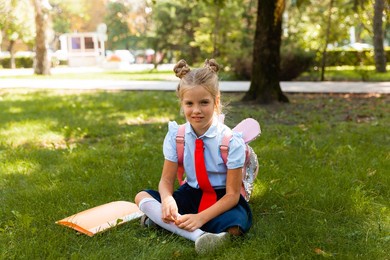 cute little schoolgirl is holding a backpack and smiling at the camera in the park.