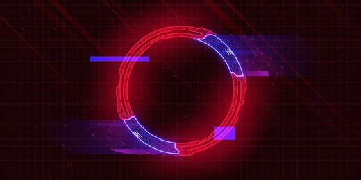 futuristic cyberpunk style circle with glitch effect. circle with red cyberpunk elements and blue hud neon hologram effect. good for design banners, electronic music events, game titles. vector