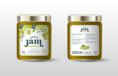 gooseberry mix, wild berries jam. label for jar and packaging. berries, leaves and flowers, text, stamp(sugar free).