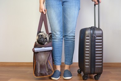 woman holding travel pet carrier with a pug dog inside ready to get on board the airplane at the airport. holidays with a pet