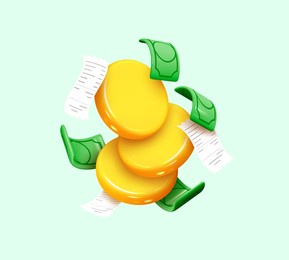 gold coins with green paper dollars, cashier's checks. realistic 3d design in cartoon style. business financial investment. creative concept. trade cash back. save savings. vector illustration