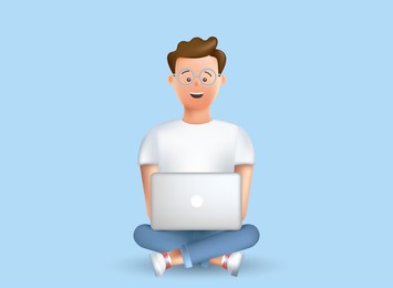 happy young man sitting on the floor. laptop on his knees. work, study at home. freelancer. the course of study. video conference. the concept of remote work, access. vector 3d business illustration.