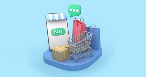 online shopping, e-payment and delievery, 3d icon set on blue background in clay style. 3d rendering, 3d illustration