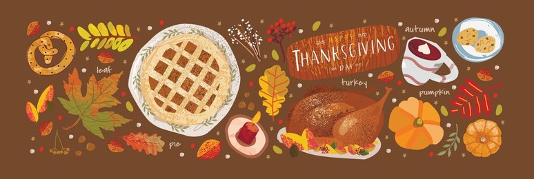 thanksgiving day. vector illustrations of a festive table with a pie, pumpkin, turkey and objects for a card, background, invitation or poster.