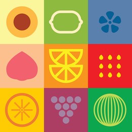 flat minimalist geometric fruit symbol artwork poster with colorful simple shapes. whole and sliced ​​fruit abstract vector pattern design. good for branding, web banner, background or wallpaper.