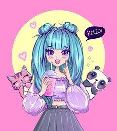 t shirt design anime girl with blue hair, panda and cat. fashionista poster.