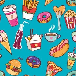 vector bright seamless pattern of fast food.